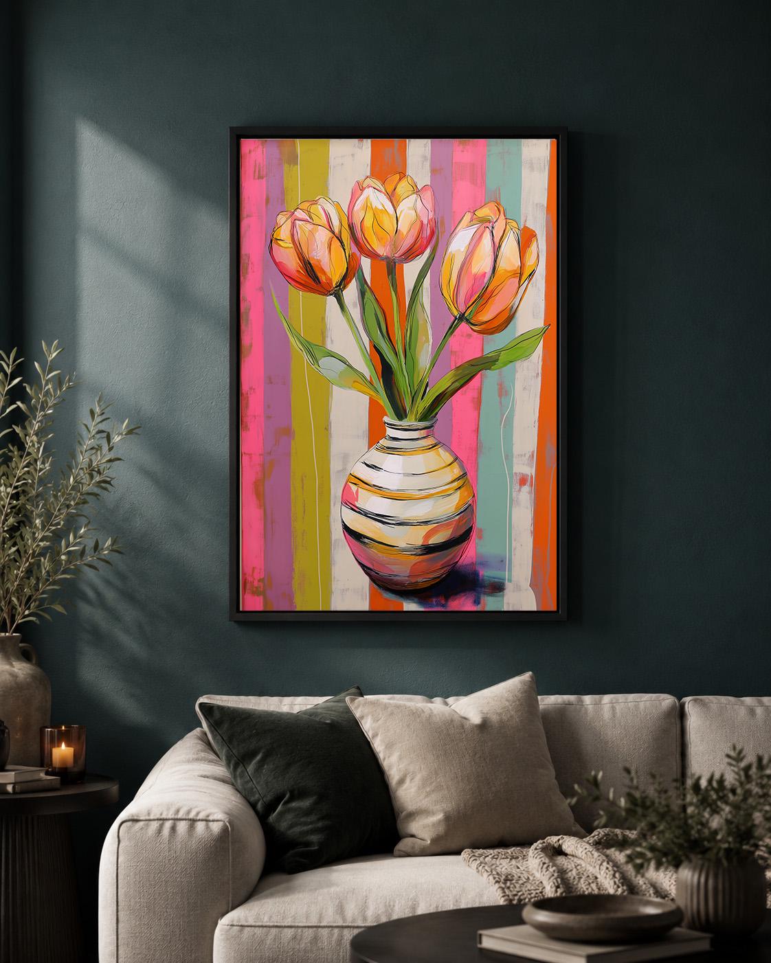 Colourful Tulip Pink & Orange Floral Striped Vase Maximalist Framed Canvas