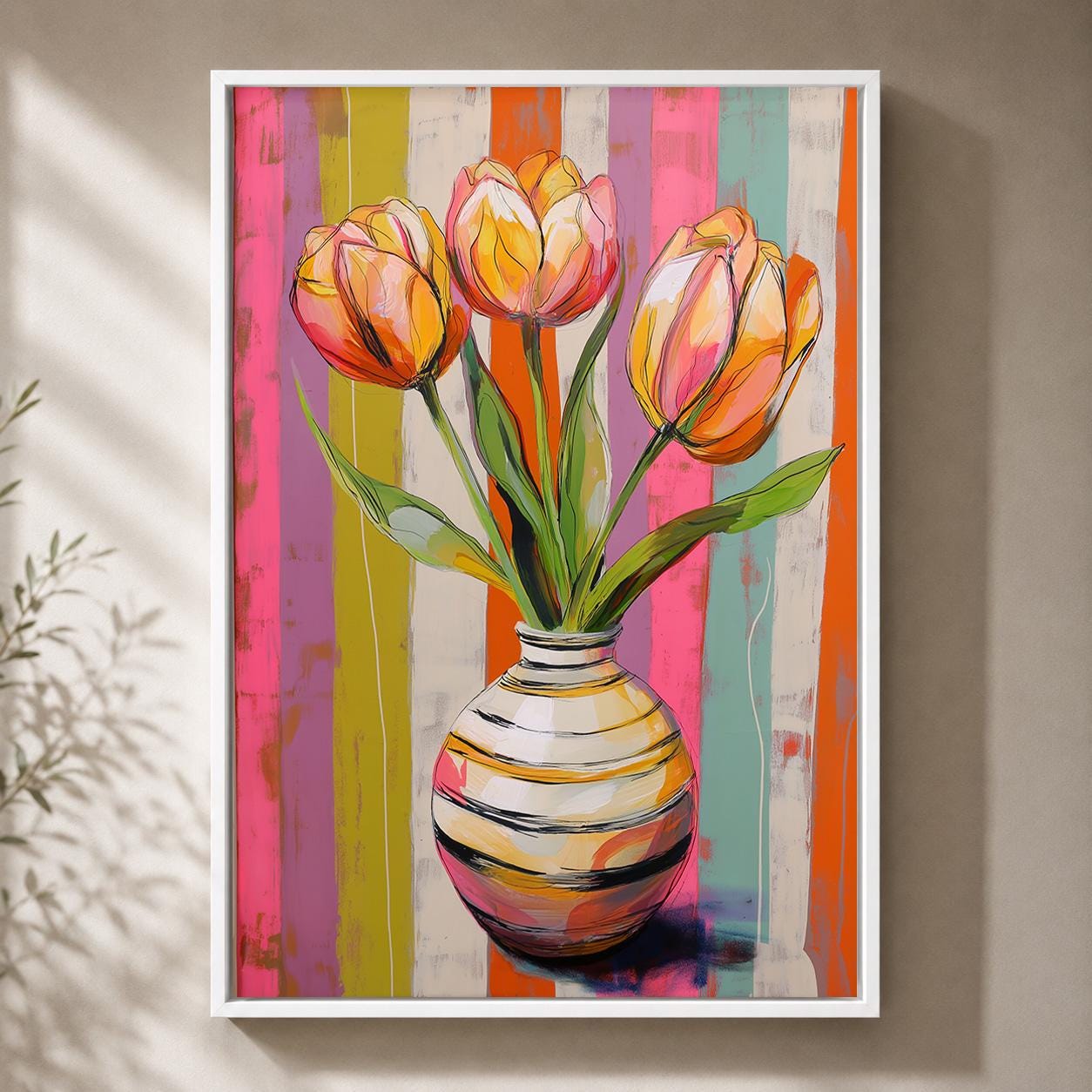 Colourful Tulip Pink & Orange Floral Striped Vase Maximalist Framed Canvas