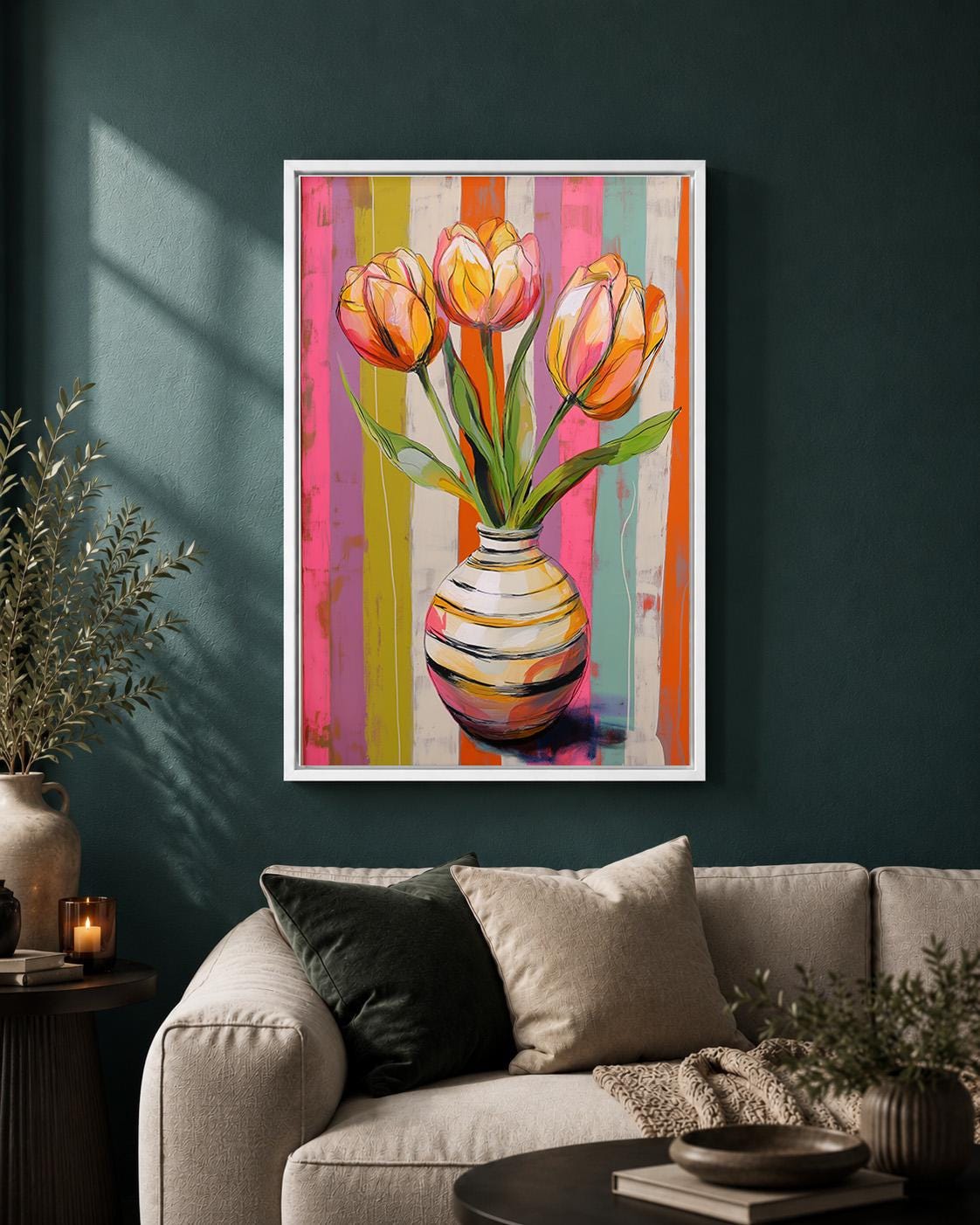Colourful Tulip Pink & Orange Floral Striped Vase Maximalist Framed Canvas