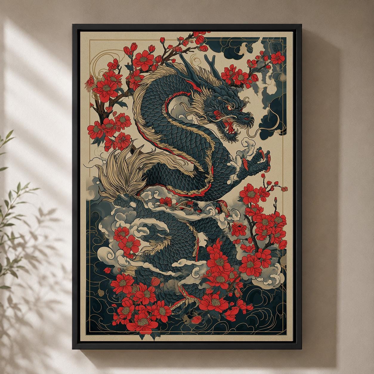 Japanese Dragon Red Blossom Oriental Asian Framed Canvas