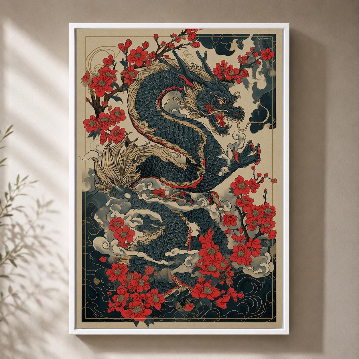 Japanese Dragon Red Blossom Oriental Asian Framed Canvas