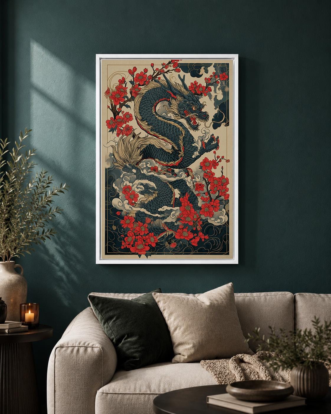Japanese Dragon Red Blossom Oriental Asian Framed Canvas