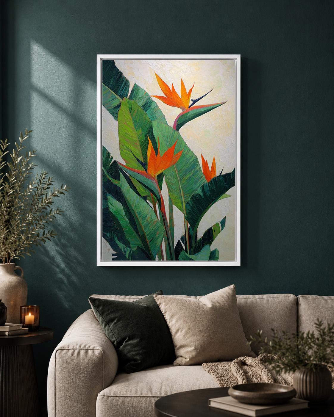 Bird of Paradise  Tropical Botanical Orange Flower Framed Canvas