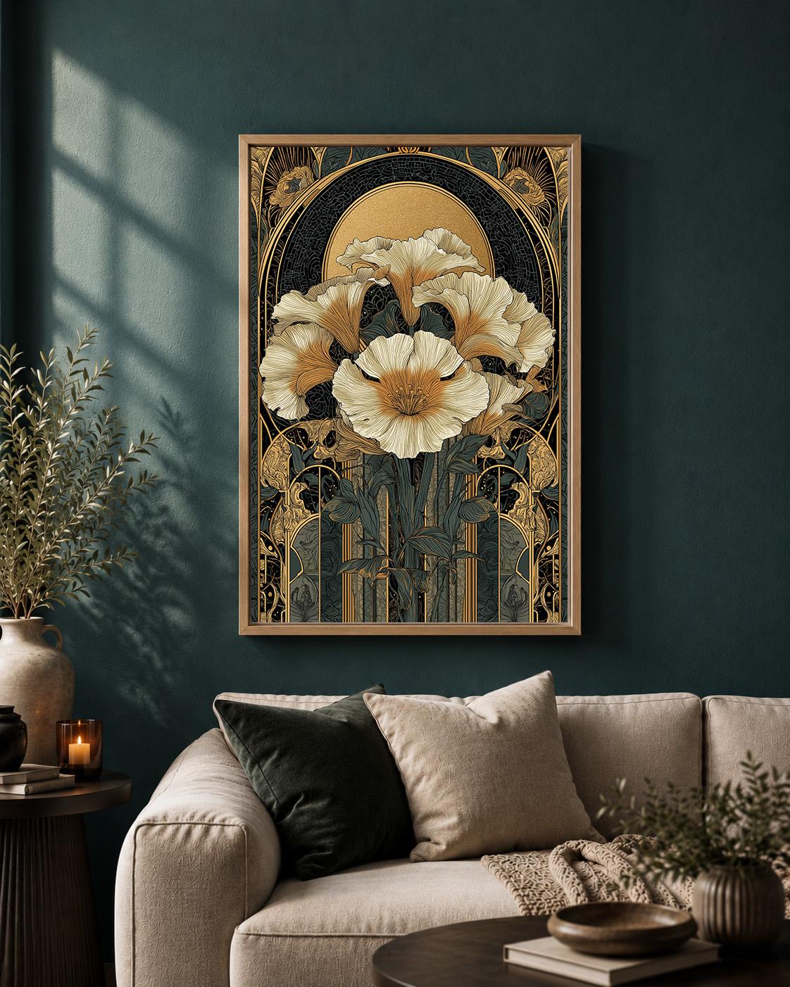 Art Nouveau Floral Black & Gold Botanical Maximalist Framed Canvas