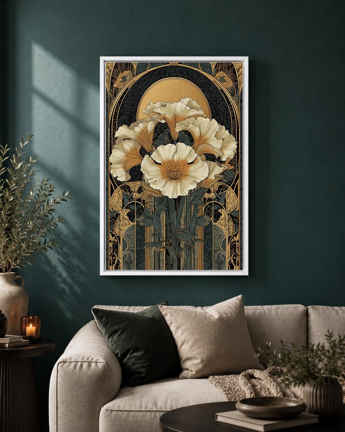 Art Nouveau Floral Black & Gold Botanical Maximalist Framed Canvas
