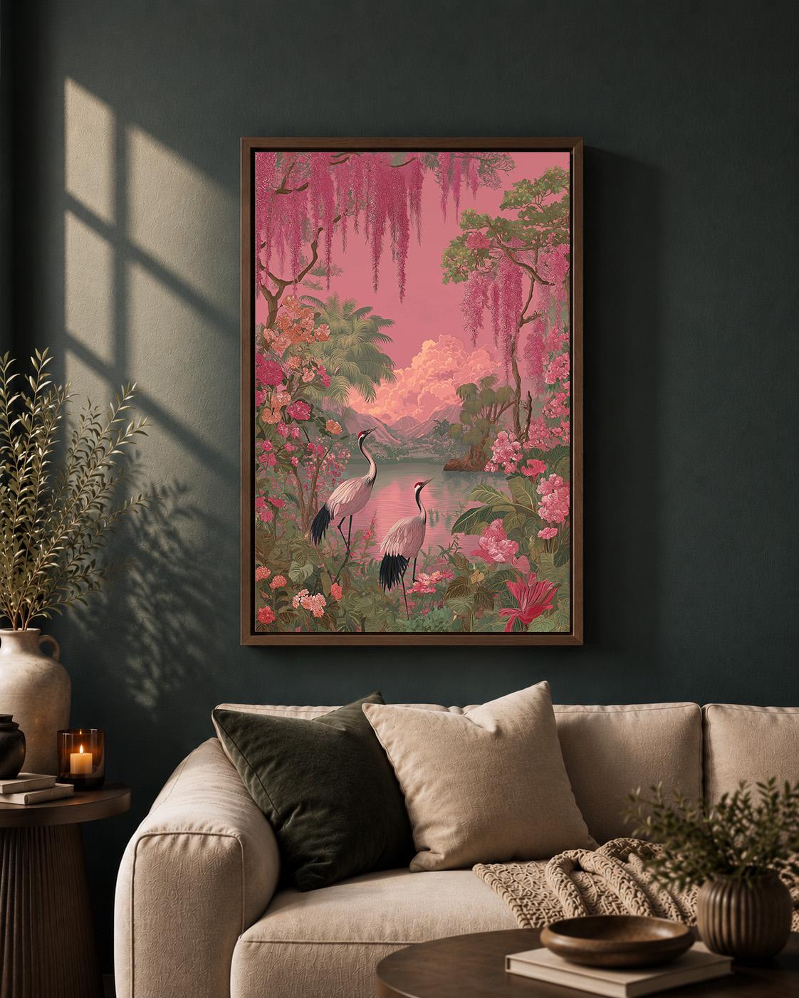Pink Flamingo Tropical Coastal Palm Tree Vintage Paradise Landscape Framed Canvas