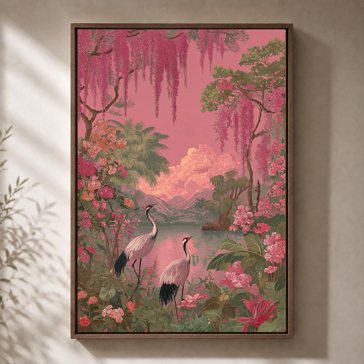 Pink Flamingo Tropical Coastal Palm Tree Vintage Paradise Landscape Framed Canvas
