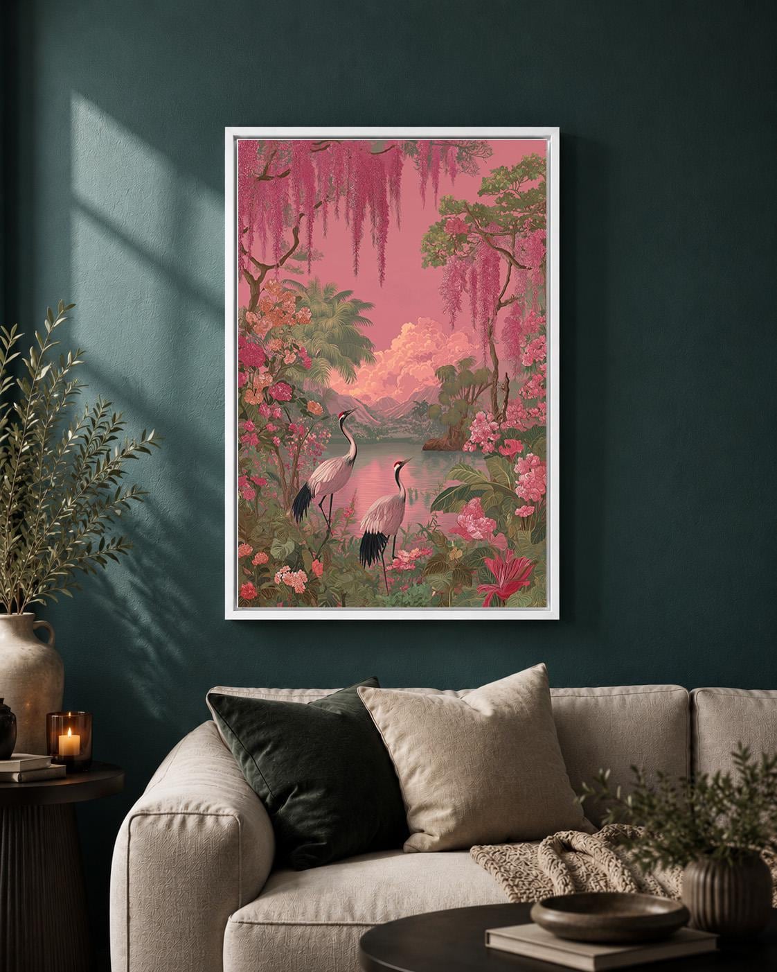 Pink Flamingo Tropical Coastal Palm Tree Vintage Paradise Landscape Framed Canvas