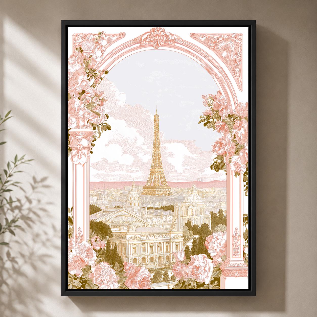 Paris Eiffel Tower Floral Romantic French Elegant Travel Framed Canvas