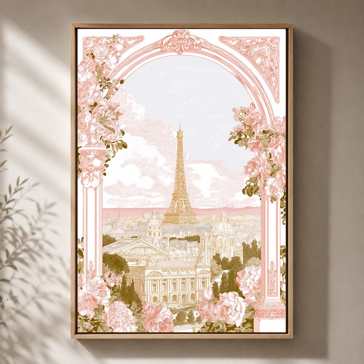 Paris Eiffel Tower Floral Romantic French Elegant Travel Framed Canvas