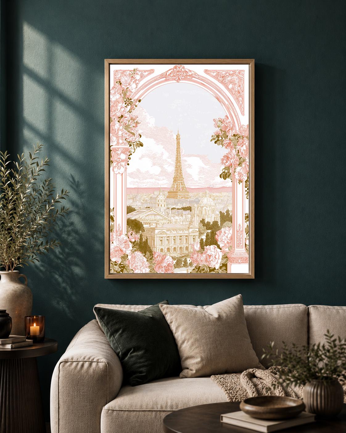 Paris Eiffel Tower Floral Romantic French Elegant Travel Framed Canvas