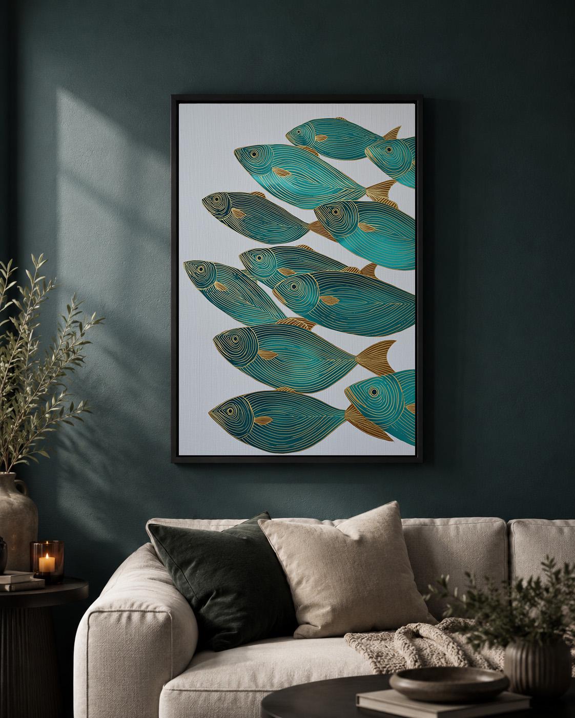 Teal  &Gold Fish Coastal Nautical Modern Ocean Framed Canvas