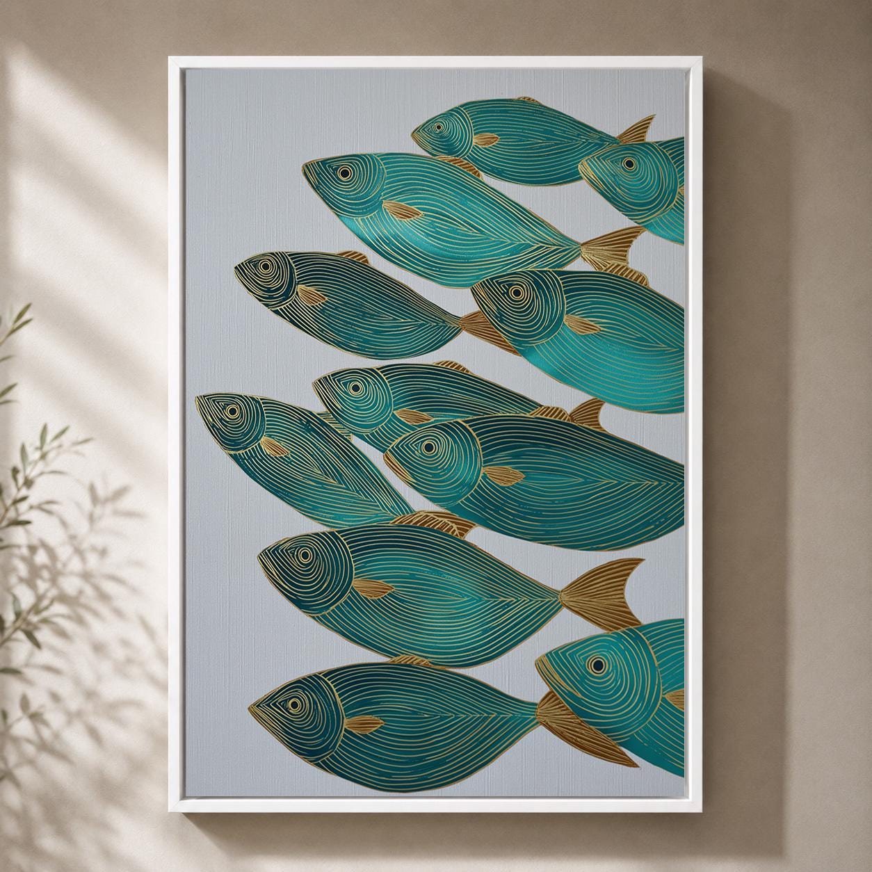 Teal  &Gold Fish Coastal Nautical Modern Ocean Framed Canvas