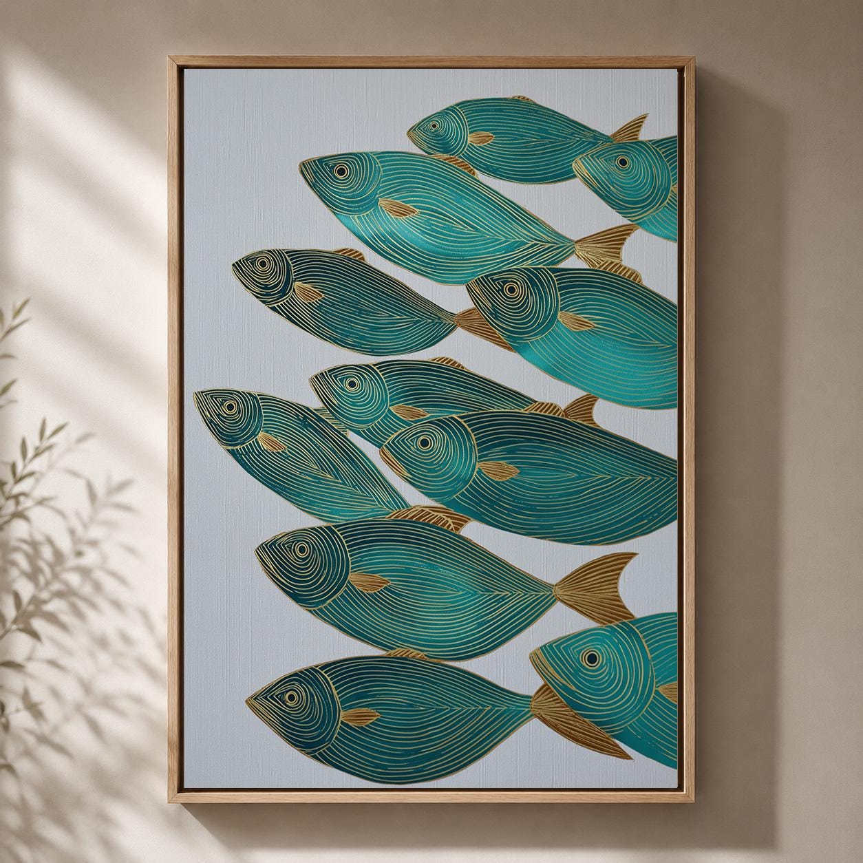 Teal  &Gold Fish Coastal Nautical Modern Ocean Framed Canvas