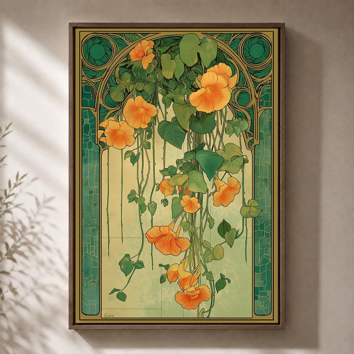 Art Nouveau Floral Orange Nasturtium  Botanical Vintage Flower Framed Canvas