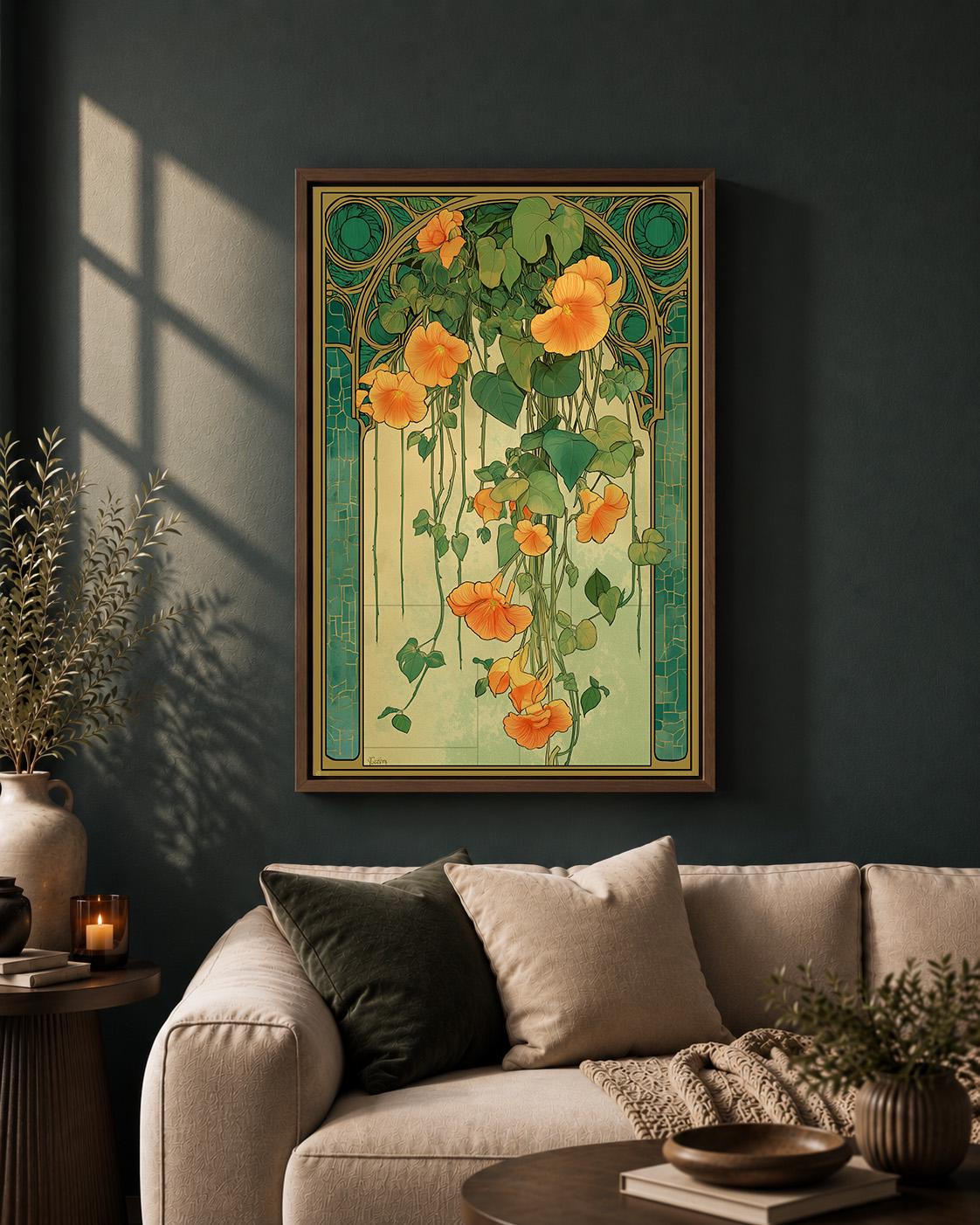 Art Nouveau Floral Orange Nasturtium  Botanical Vintage Flower Framed Canvas