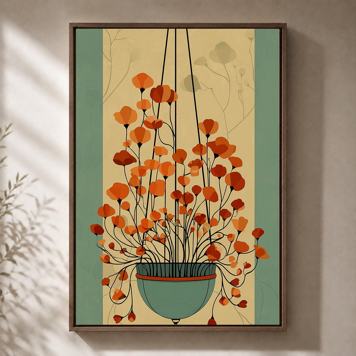 Mid Century Floral Orange Flower Retro Botanical Vintage Style Framed Canvas