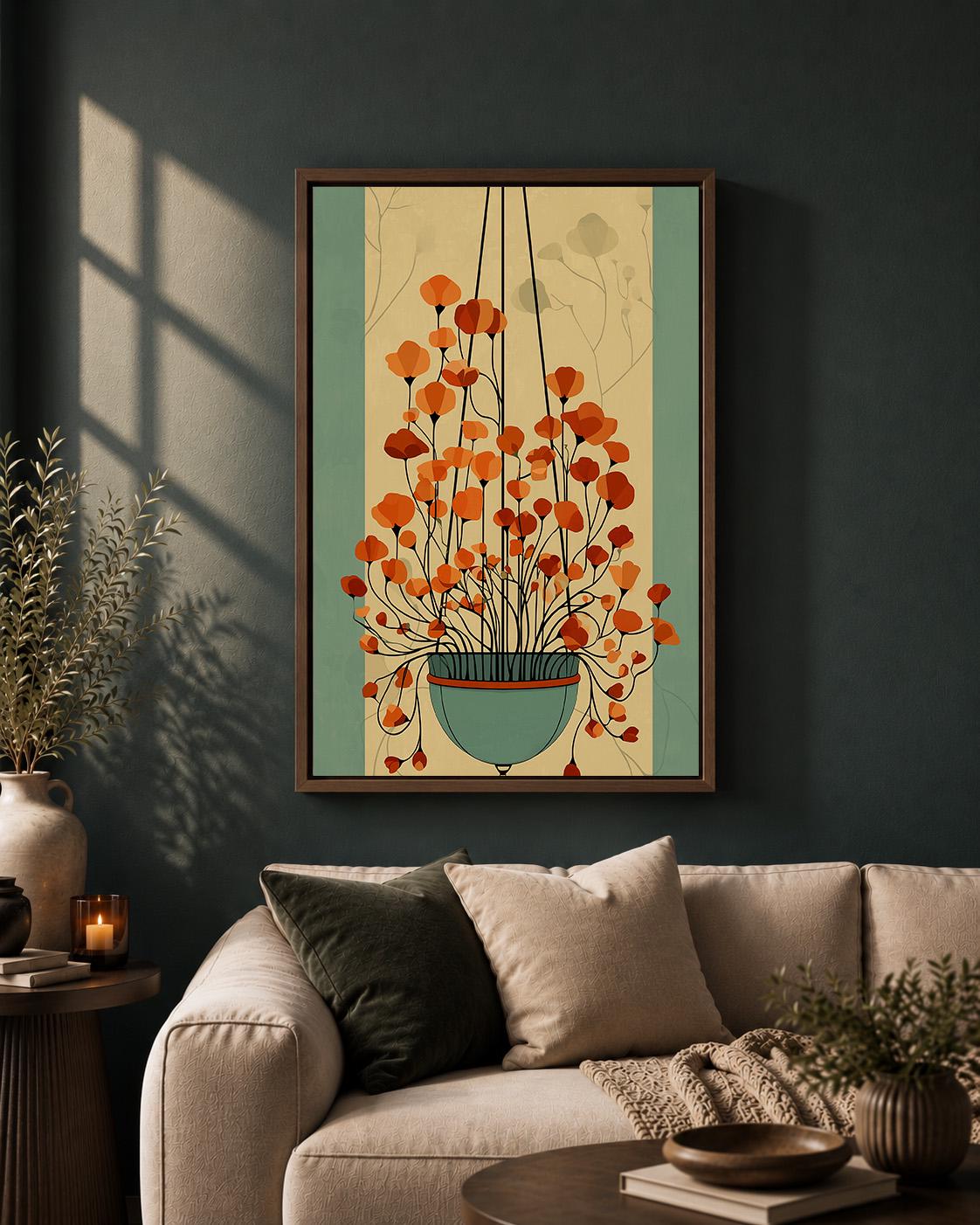 Mid Century Floral Orange Flower Retro Botanical Vintage Style Framed Canvas