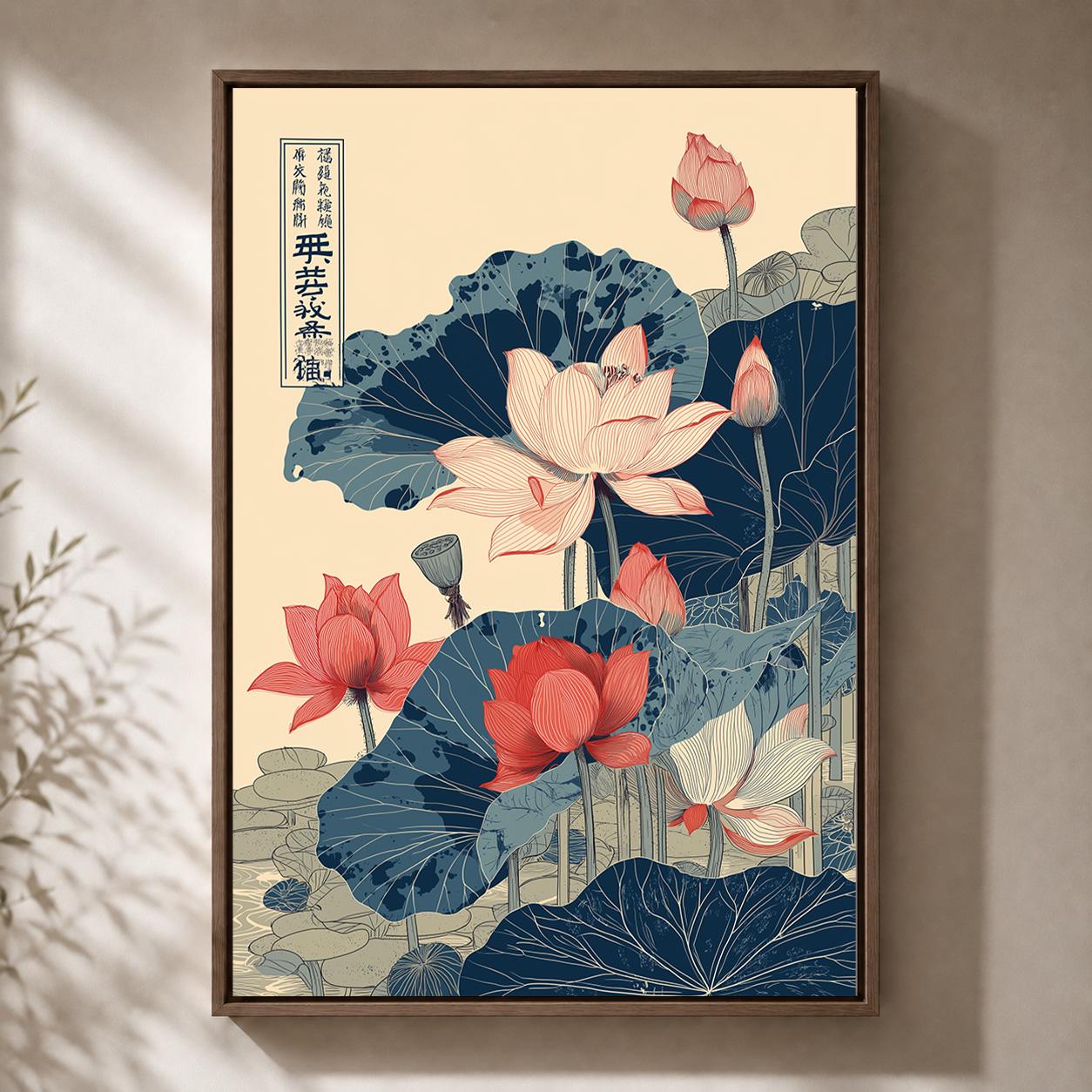 Japanese Lotus Floral Red & Blue Oriental Botanical Framed Canvas