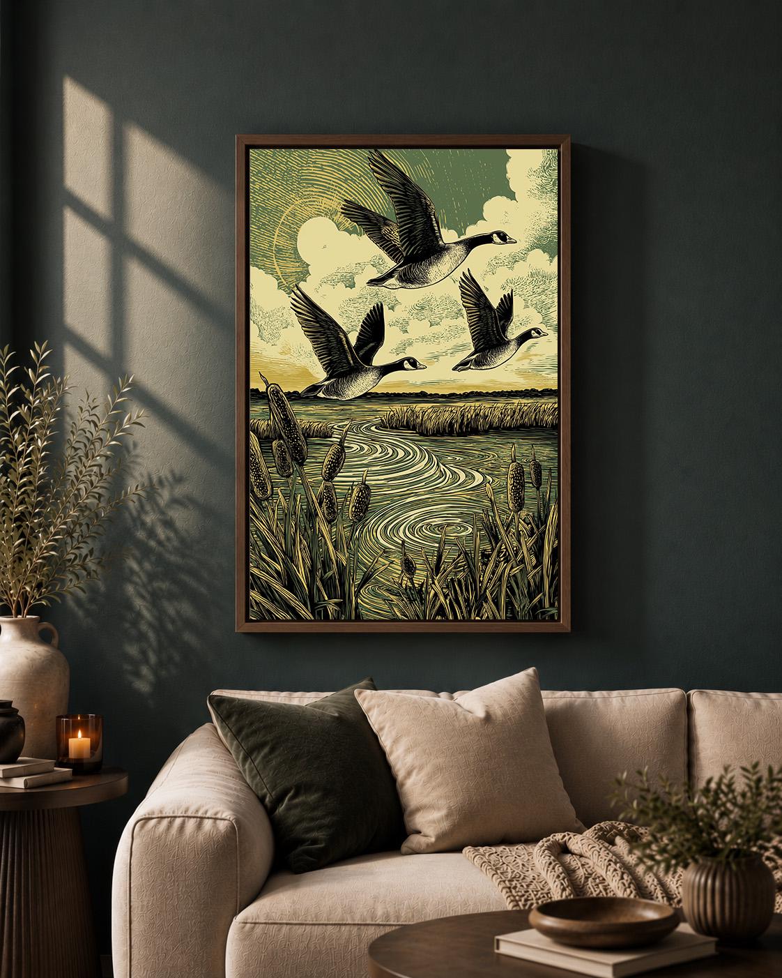 Vintage Linocut Geese  Marshland Wildlife Rustic Nature Framed Canvas