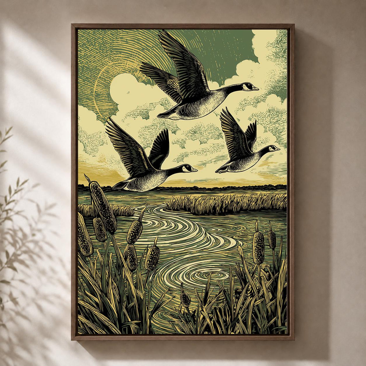 Vintage Linocut Geese  Marshland Wildlife Rustic Nature Framed Canvas