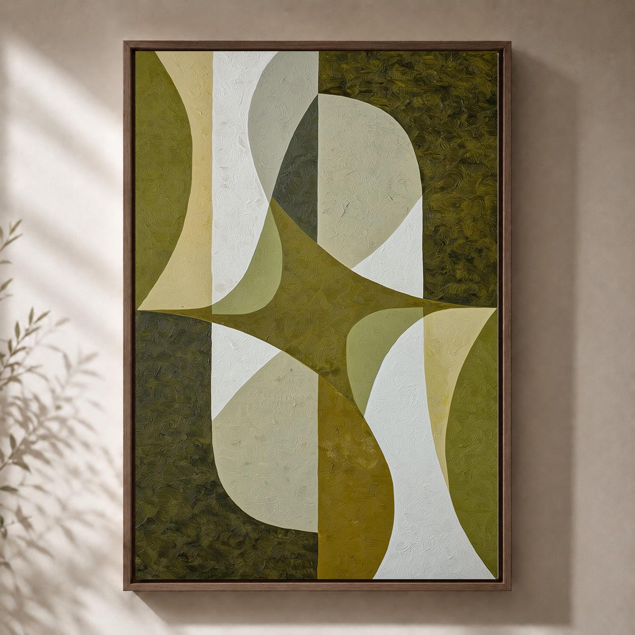 Mid-Century Modern Olive Green Abstract Geometric Framed Canvas