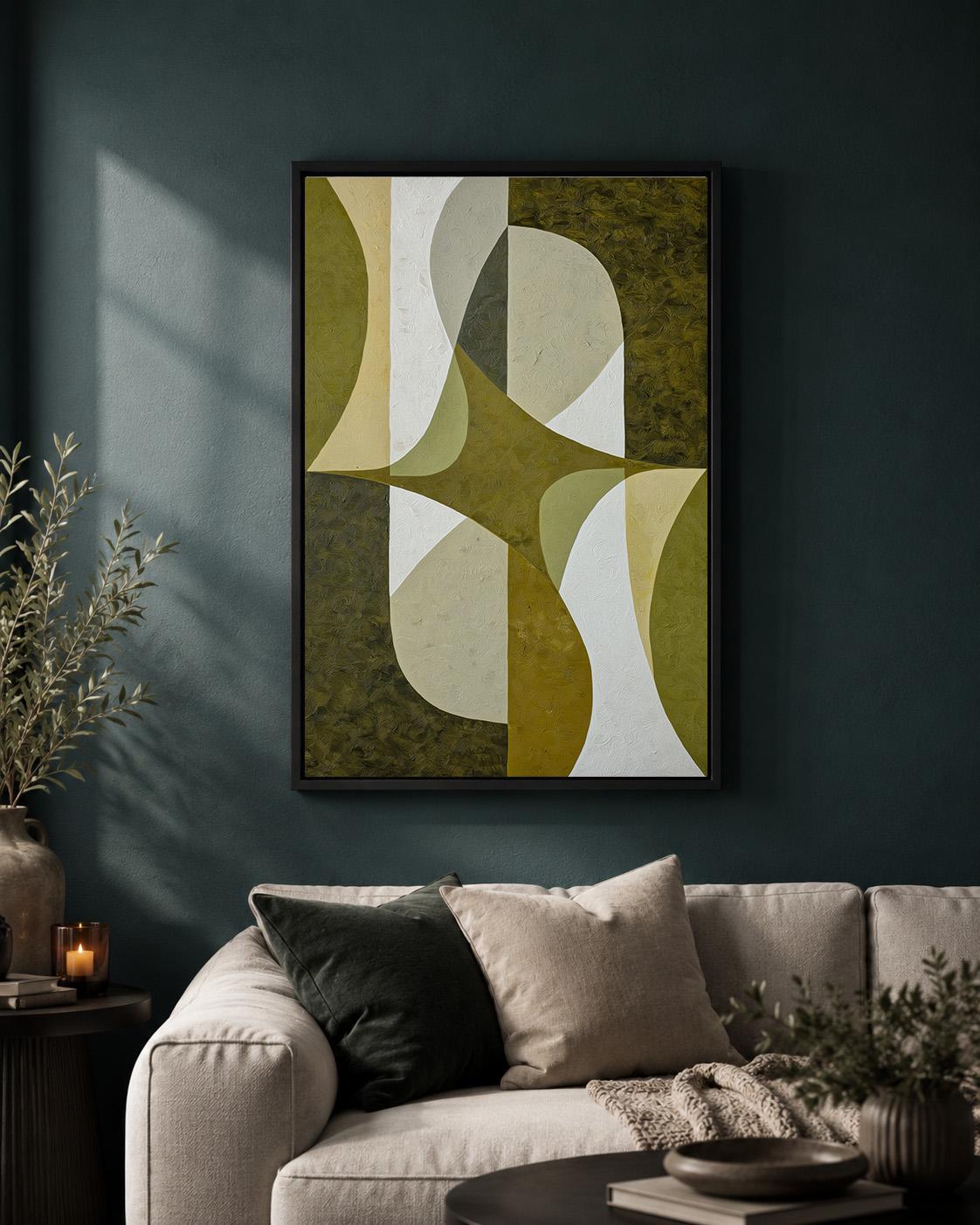 Mid-Century Modern Olive Green Abstract Geometric Framed Canvas