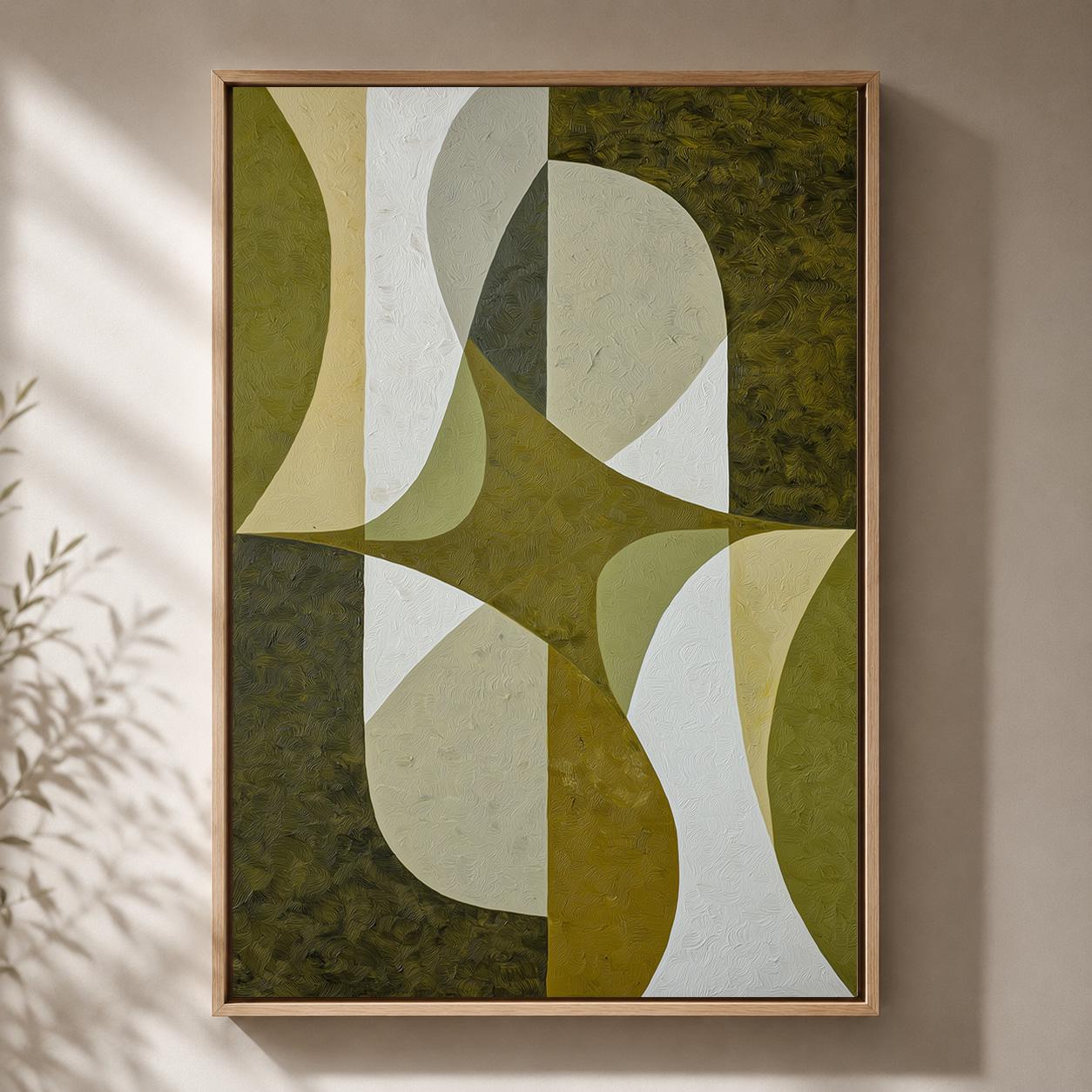 Mid-Century Modern Olive Green Abstract Geometric Framed Canvas