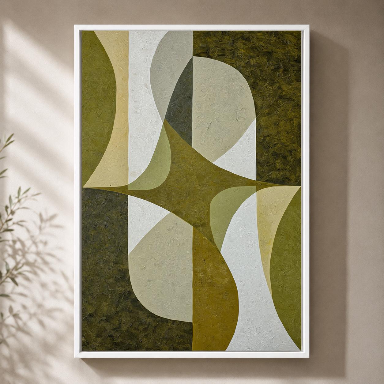 Mid-Century Modern Olive Green Abstract Geometric Framed Canvas
