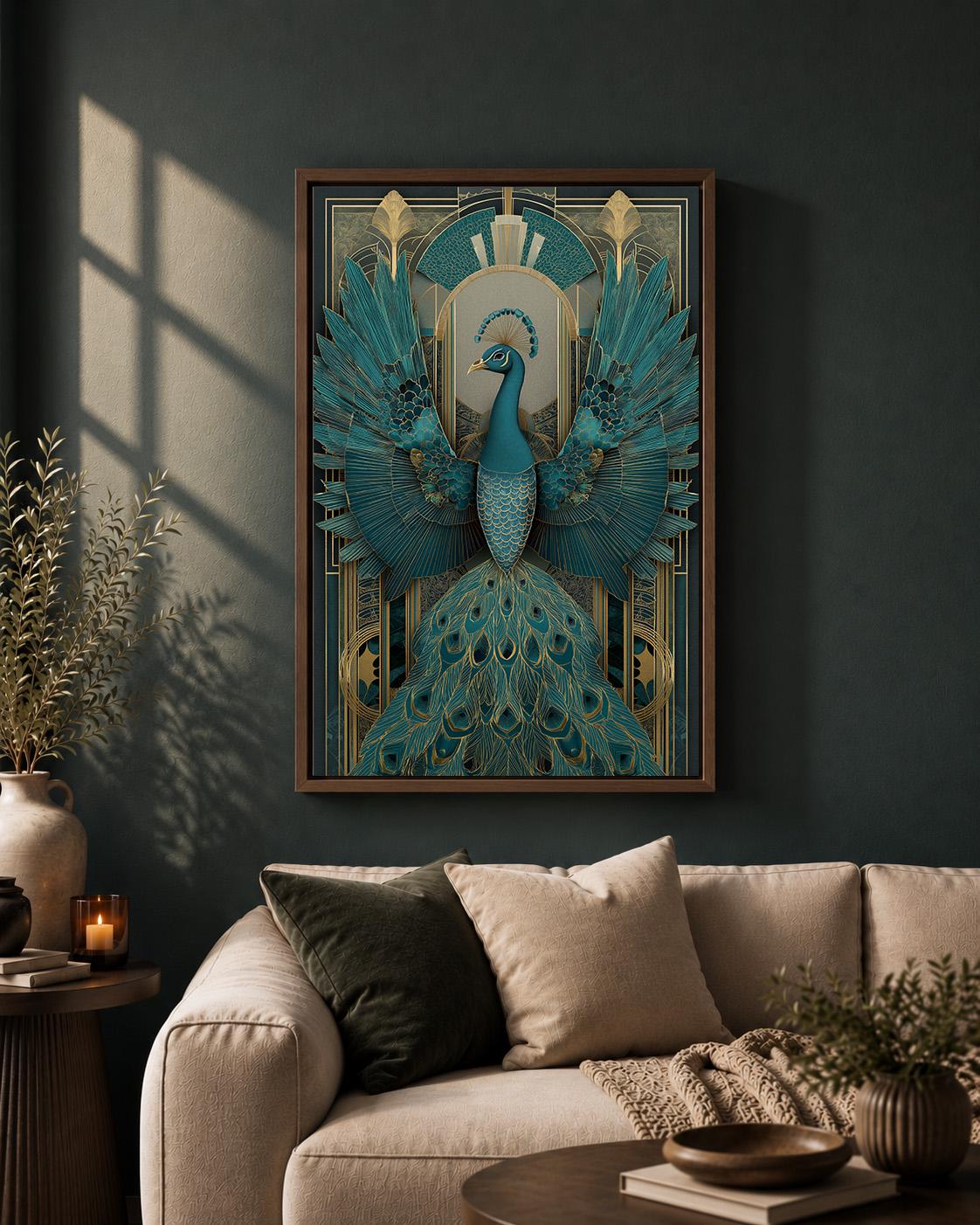 Art Deco Peacock Teal & Gold Bird Vintage Glam Framed Canvas