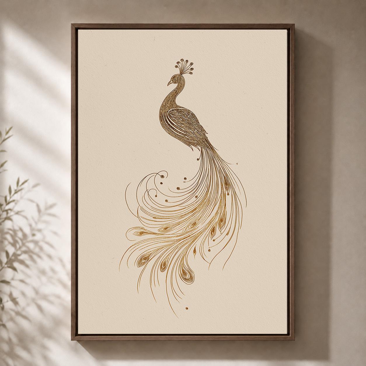 Gold Peacock Line Art Minimalist Bird Art Deco Framed Canvas
