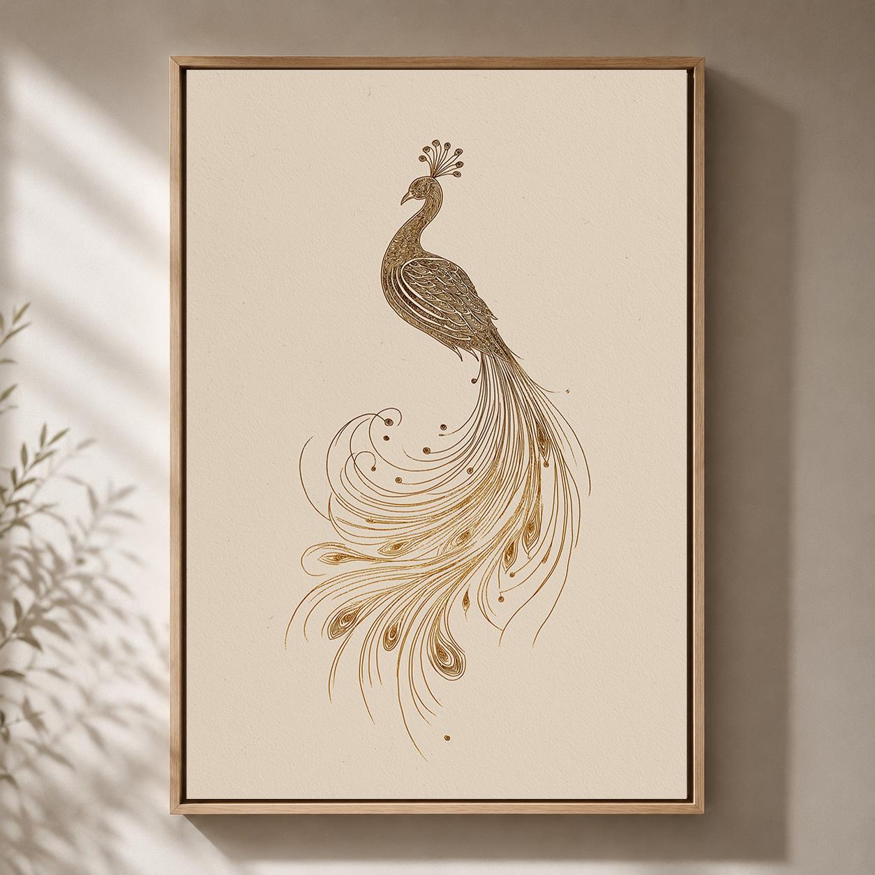 Gold Peacock Line Art Minimalist Bird Art Deco Framed Canvas