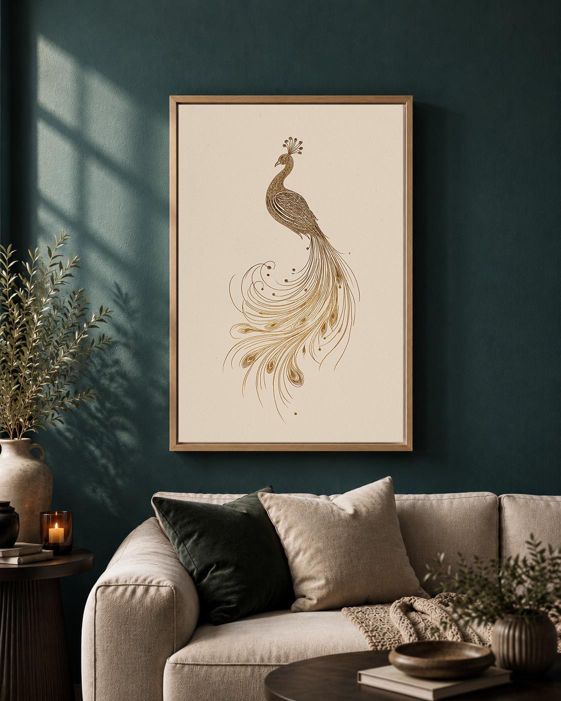 Gold Peacock Line Art Minimalist Bird Art Deco Framed Canvas