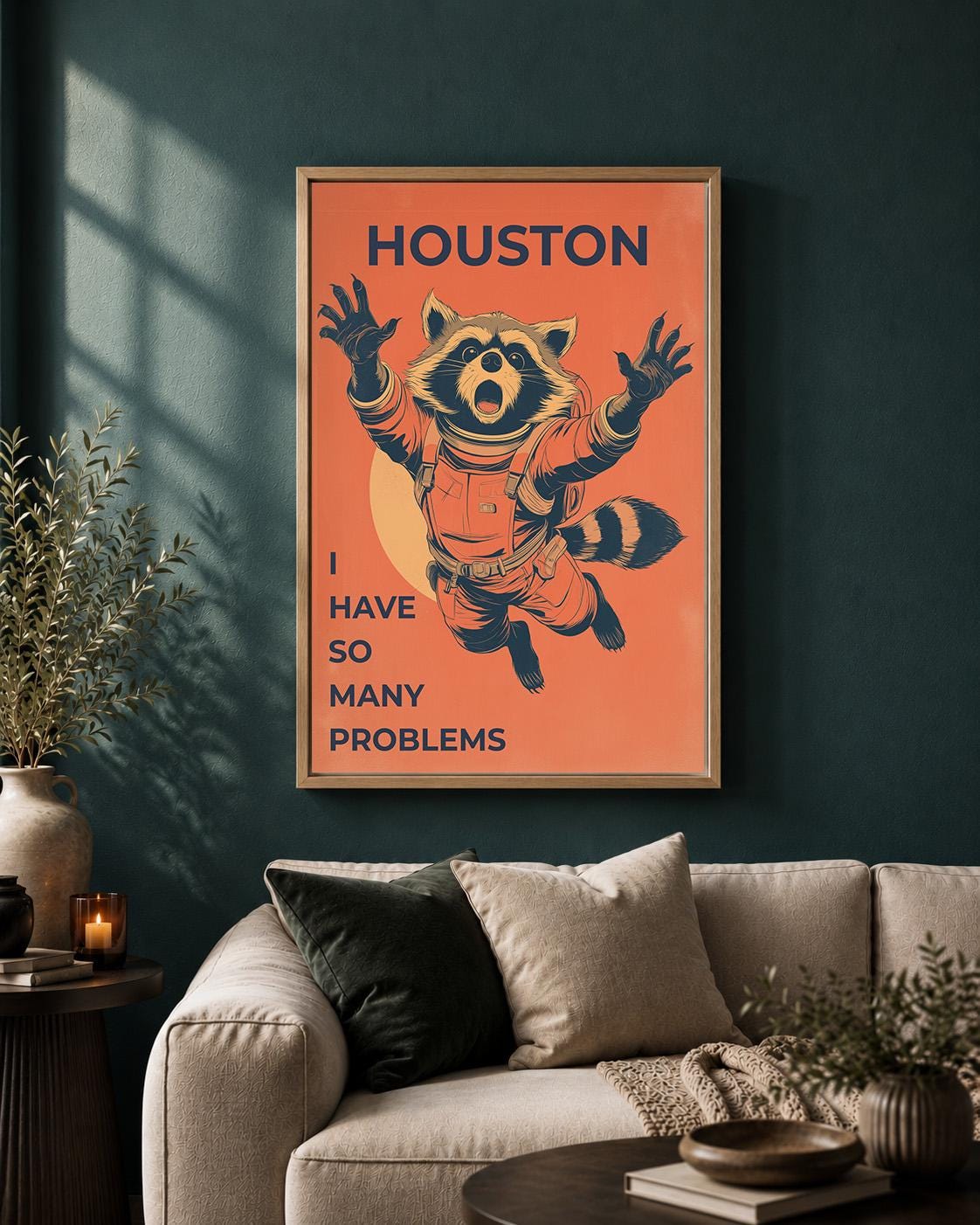 Funny Raccoon Astronaut Houston Space  Retro Sci Fi Animal AFramed Canvas