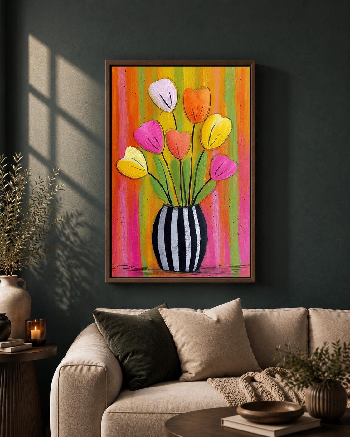 Colourful Tulip Pink & Orange Floral Striped Flower Vase Framed Canvas