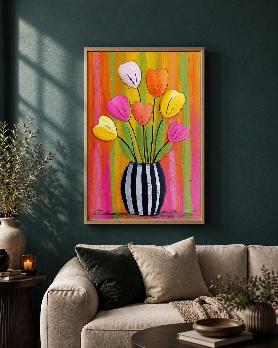 Colourful Tulip Pink & Orange Floral Striped Flower Vase Framed Canvas