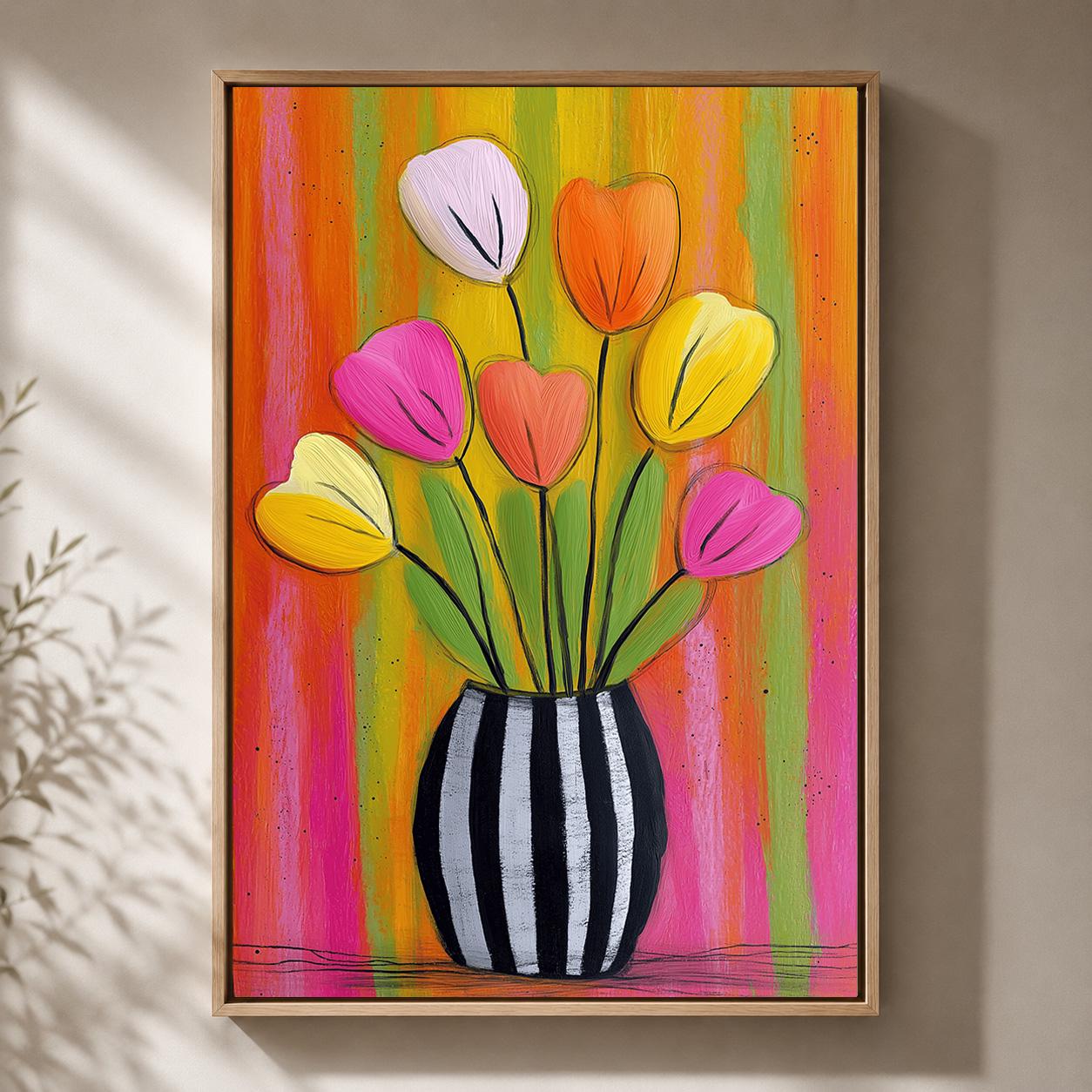 Colourful Tulip Pink & Orange Floral Striped Flower Vase Framed Canvas