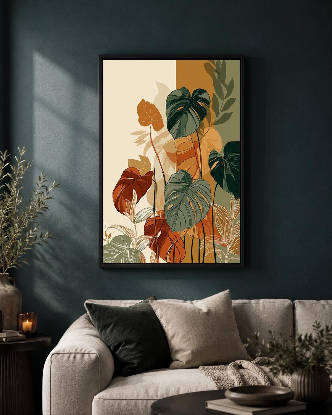 Tropical Monstera Botanical Retro Green & Orange Mid Century Plant Framed Canvas