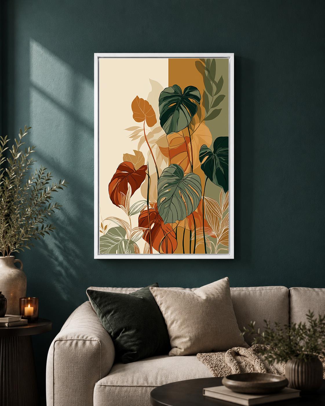 Tropical Monstera Botanical Retro Green & Orange Mid Century Plant Framed Canvas