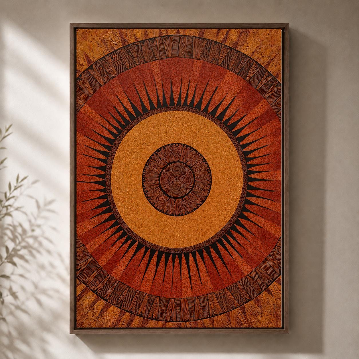 African Sun Geometric Terracotta Tribal Boho Ethnic Framed Canvas