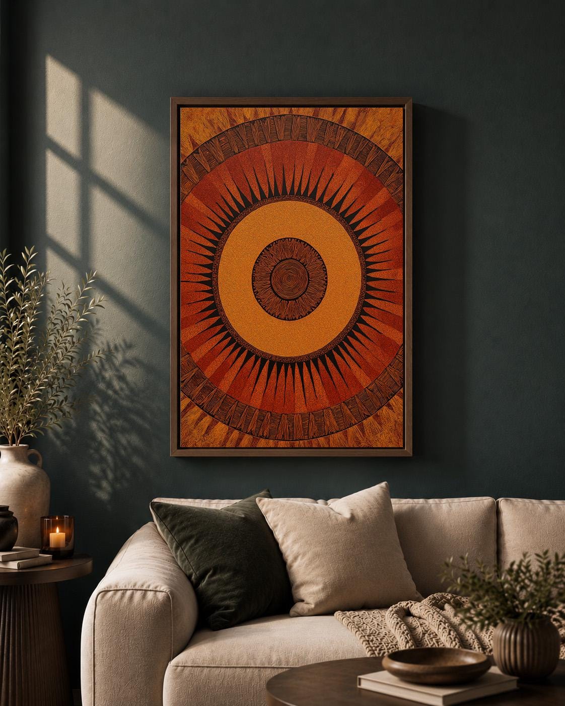 African Sun Geometric Terracotta Tribal Boho Ethnic Framed Canvas