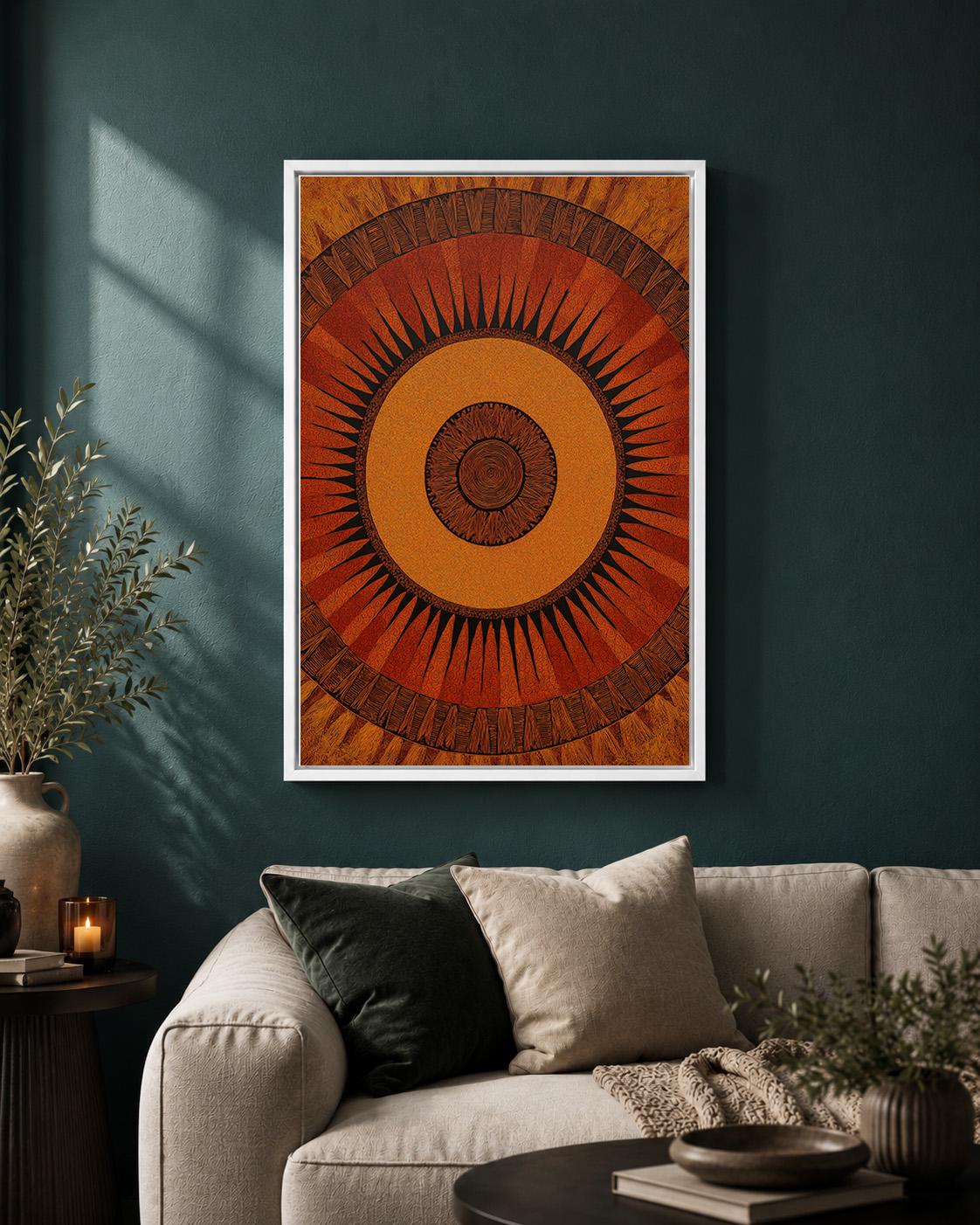 African Sun Geometric Terracotta Tribal Boho Ethnic Framed Canvas