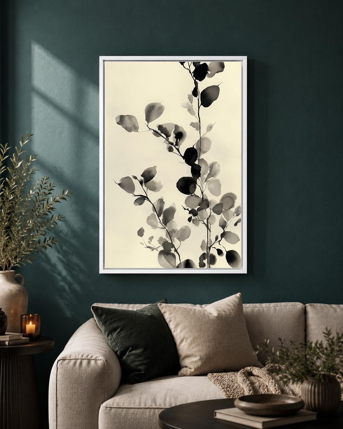 Black and White Botanical Watercolour Leaf Minimalist Nature Framed Canvas