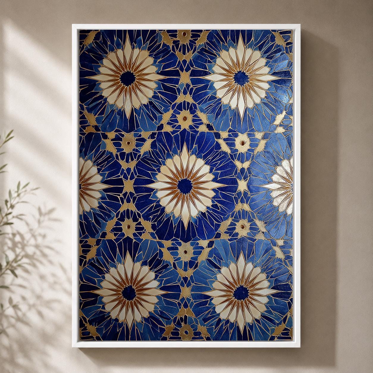 Blue Gold Mosaic Tile Geometric Mediterranean Pattern Framed Canvas