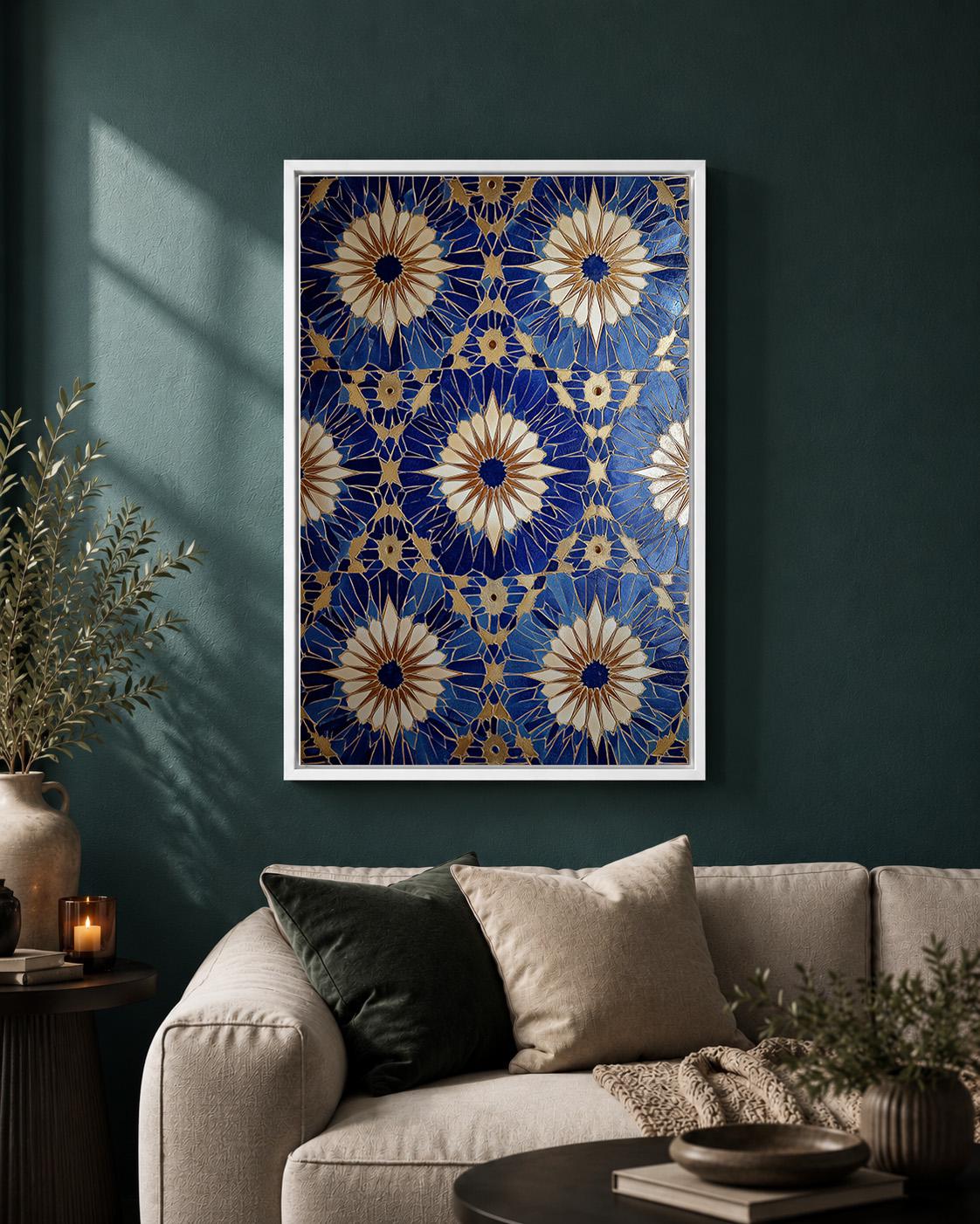Blue Gold Mosaic Tile Geometric Mediterranean Pattern Framed Canvas