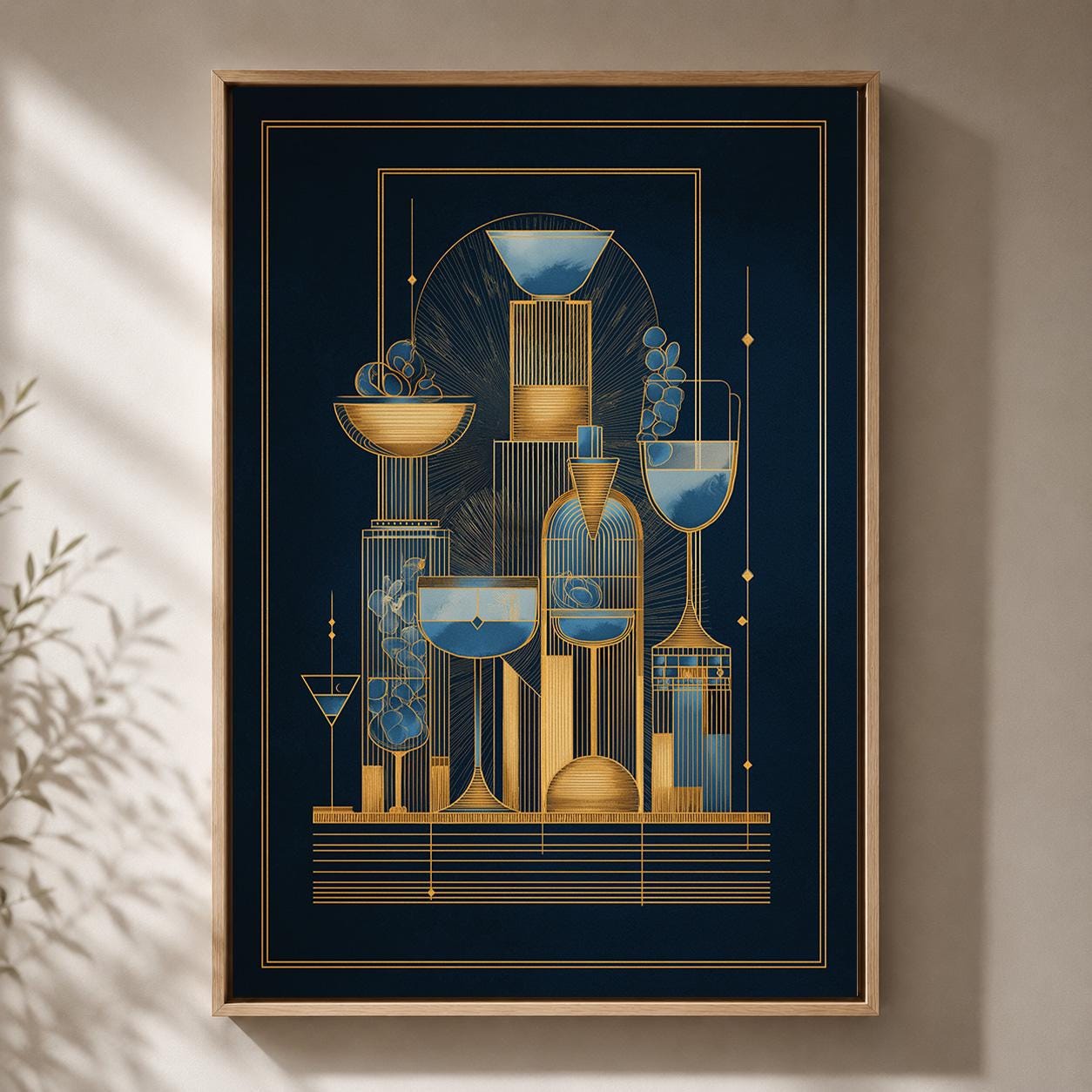 Art Deco Cocktail Navy Blue & Gold Bar Geometric Drinks Framed Canvas