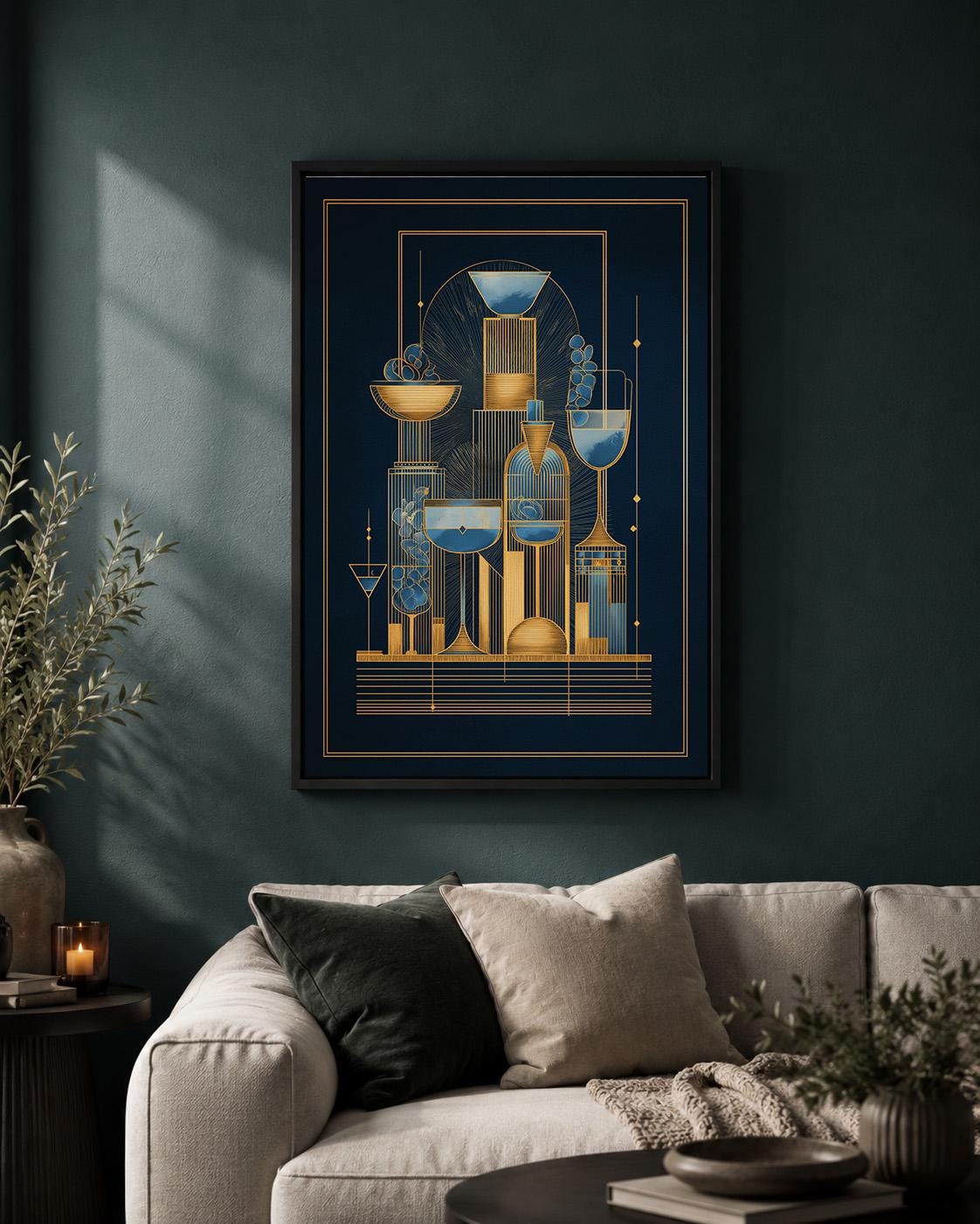 Art Deco Cocktail Navy Blue & Gold Bar Geometric Drinks Framed Canvas