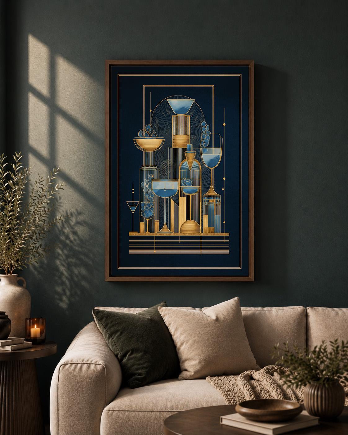 Art Deco Cocktail Navy Blue & Gold Bar Geometric Drinks Framed Canvas