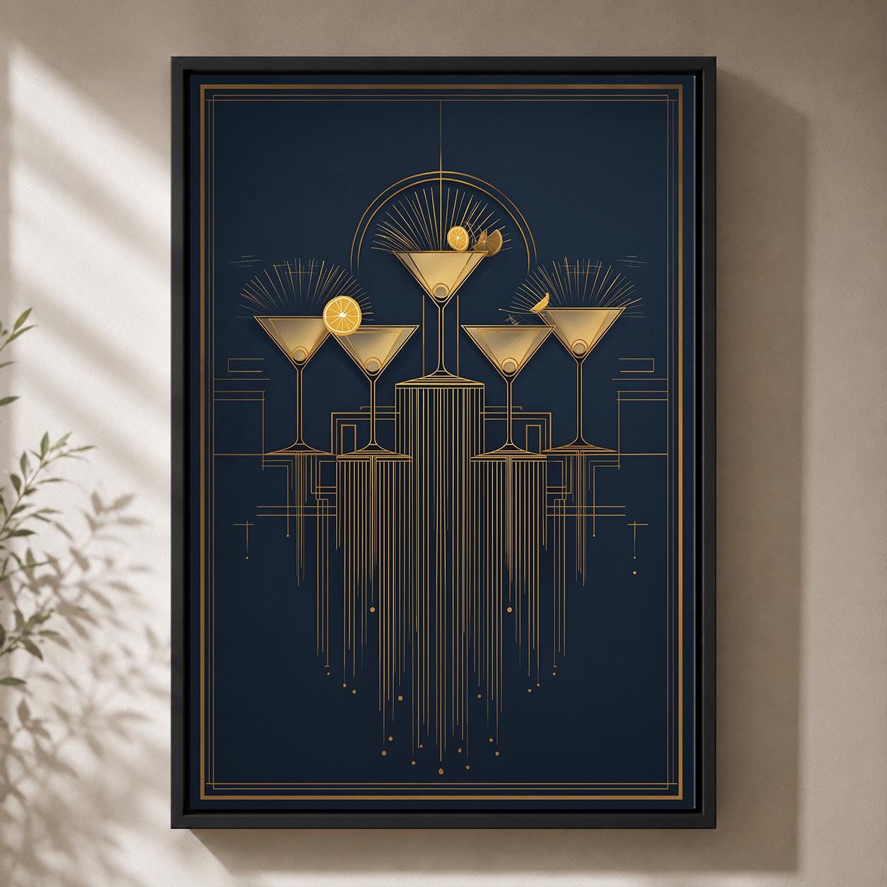 Art Deco Cocktail Navy Blue & Gold Martini Gatsby Style Framed Canvas
