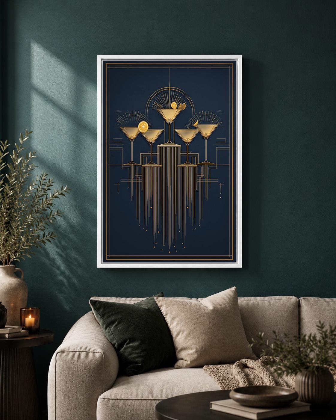 Art Deco Cocktail Navy Blue & Gold Martini Gatsby Style Framed Canvas